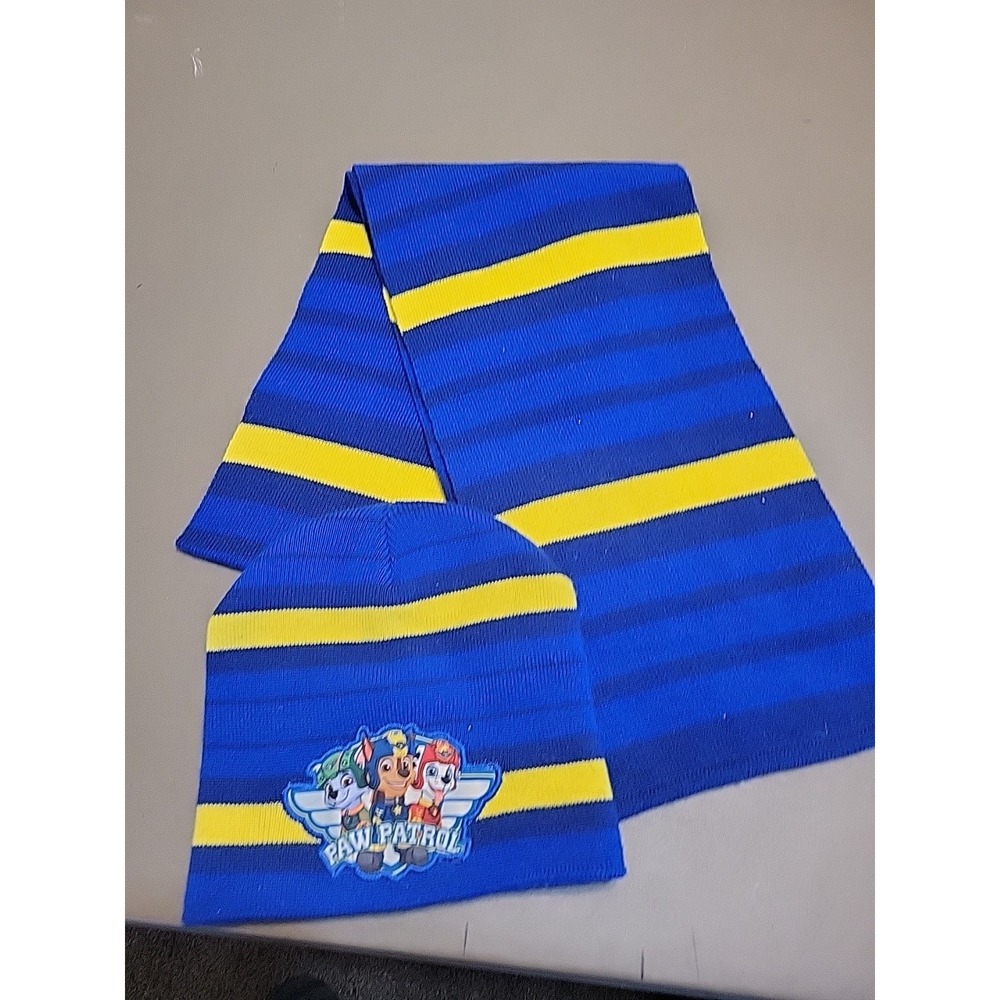 Paw Patrol‎ Top Pups Hat Scarf Set Kids One Size Blue Stripe Winter Knit